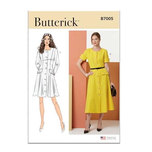 Butterick Schnittmuster B7005D5 Damenkleid mit Knopfleiste vorne und Ärmelvariationen, D5 (32-36-36-38-40) von Butterick