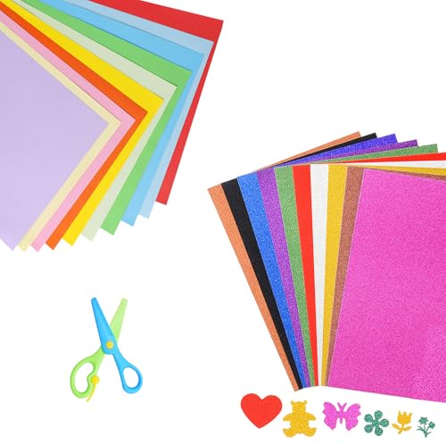 20PC Bunt Glitzer Papie Bastelpapier, Bunt Glitzer Papier A4, 250g/m² Glitterkarton, Glitzerpapier zum Basteln, 210×297mm Bastel-Papier,Tonkarton A4 für DIY Handwerk, 1PC Schere(zufällige Farbe) von Butyeak