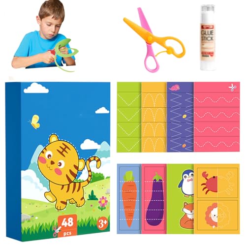 Blatt Kinder Papierschnitt Set, Papierschnitt Set Kinder, Papierbastelset Kinder, Blatt Papier Bastelset, Kinder Sicherheit Schere, Lustige Papierschneid Aktivitätsset, 48 Blatt Papier, 1Klebestift von Butyeak