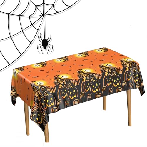 Halloween Kunststoff Tischdecke, Happy Halloween Tischdecke, Tischdecke Halloween Deko, Tischdecke Gruseliger Kürbis, 137x 274 cm Fledermaus Skelett Schädel für Feiertags Dinner Tischdekorationen von Butyeak