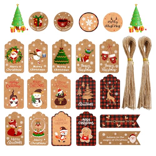 Kraftpapier Papier Weihnachtsanhänger, WeihnachtsgeschenkanhäNger,100 Stück Vintage Xmas Kraftpapieranhänger, Weihnachten Etiketten Papier Geschenke mit Juteschnur für Weihnachtsferien Geschen von Butyeak