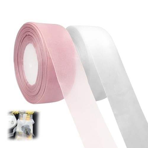 BuxiuGK 2 Rollen 45 Meter Organza Bänder Breit 4cm,Transparent Schimmernd Geschenkband für Hochzeiten,Weihnachten,Thanksgiving,Geschenkverpackungen(2 Farben Weiss & Rosa) von BuxiuGK