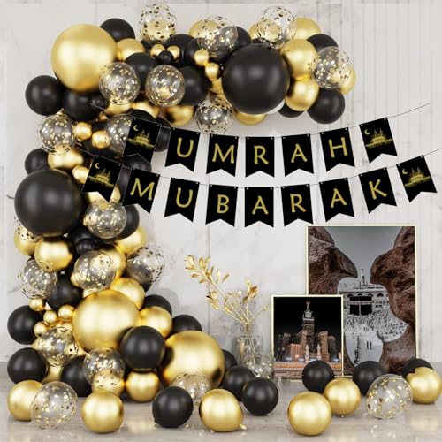 Umrah Mubarak Deko, Dekorations Set, Banner mit der Aufschrift " Umrah Mubarak", Ballonset in schwarz und gold, 109 Ballons,Ballongirlande von Buy by Brothers