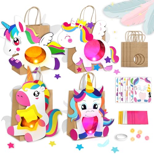 BuzzoXerex 4 Stück Einhorn Laternen Bastelset (21*15*8 cm), Laterne zum Selber Basteln für st Martin, Laternenumzug Bastelset mit Papiertüten, LED Licht, Einhorn Lampions Set für Kinder ab 3+ Jahre von BuzzoXerex