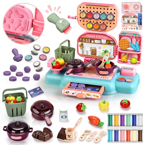 BuzzoXerex Knete Zubehör Kinder, Knete Dough Set Kasse Kinder Spielzeug, Küchen Spielkasse mit 12 Modelliermasse, Scanner, Einkaufswagen, Spielgeld, Geschenk für Rollenspiel Mädchen Junge 3+ von BuzzoXerex