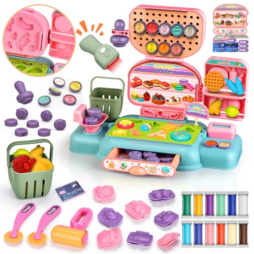 BuzzoXerex Knete Zubehör Kinder, Knete Dough Set Kasse Kinder Spielzeug, Spielkasse mit 12 Modelliermasse, Knetwerkzeug, Scanner, Einkaufswagen, Spielgeld, Geschenk für Rollenspiel Mädchen Junge 3+ von BuzzoXerex