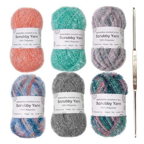 6PCS Scrubby Garn Set Glitzerndes Garn Für Geschirrtücher Schwammiges Geschirrtuch Sparkly Dish Scrubby Garns Flauschige Weich Plüschwolle Häkelgarn Wolle Zum Stricken & Häkeln von Bvizyelck