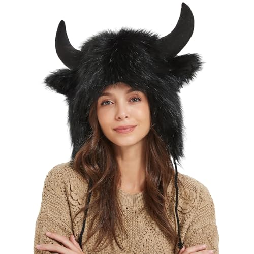 Bvizyelck Bisonhut mit Hörnern, Warmer Plüsch-Hornhut, Flauschige Ohrbedeckung für Halloween, Geschenk für Männer und Frauen für Tier-Cosplay-Festival-Themenparty, Outdoor-Abenteuer von Bvizyelck