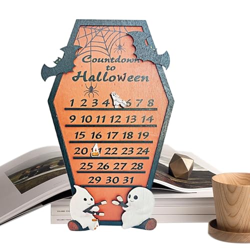 Bvizyelck Halloween-Countdown-Kalender aus Holz,Halloween-Countdown-Adventskalender - Fledermaus-Spinnen-Geist-Gruseliger Adventskalender-Dekor mit beweglichen Holzblöcken,31 Tage von Bvizyelck