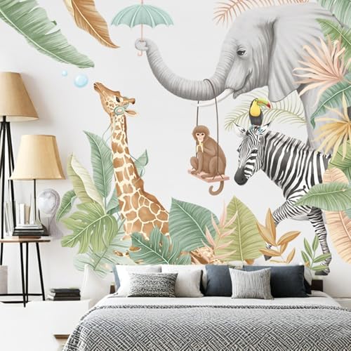 Wandaufkleber mit Tiermotiven, groß, Dschungeltiere, Wildtiere, Löwe, Zebra, Elefant, für Kinderzimmer, Wohnzimmer, Kindergarten von Bvxchg