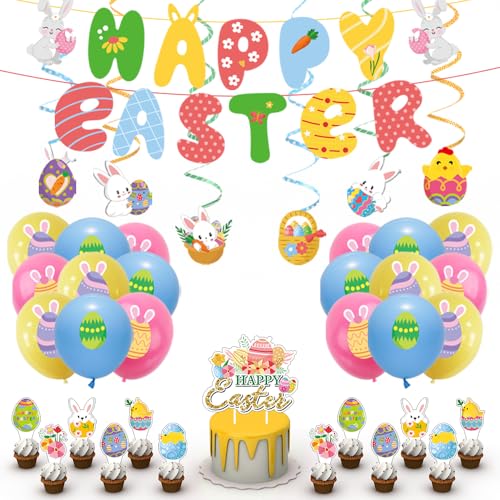 Ostern Party Dekorationen für Zuhause, Frohe Ostern Dekoration Ostern Party Dekorationen Set Ei Bunny Banner Kuchen Toppers Hängende Wirbel Honeycomb Ostern Ballon Party Supplies (Hase) von ByAnciel