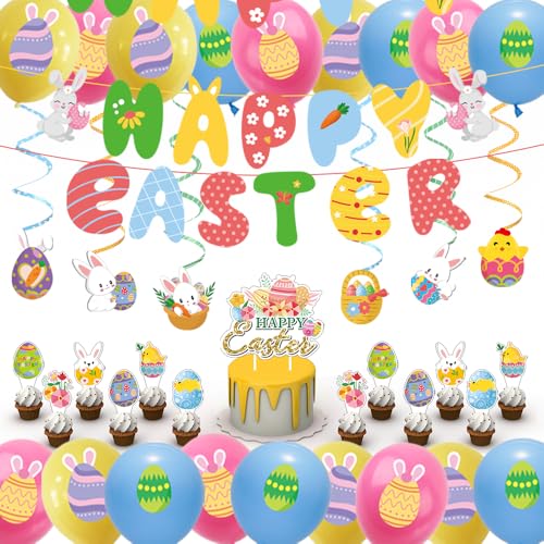 Ostern Party Dekorationen für Zuhause, Frohe Ostern Dekoration Ostern Party Dekorationen Set Ei Bunny Banner Kuchen Toppers Hängende Wirbel Honeycomb Ostern Ballon Party Supplies von ByAnciel