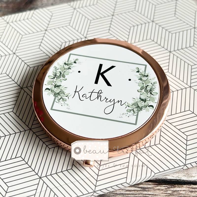 Personalisierte Name Modern Greenery Runde Rose Gold Kompakt Taschenspiegel Andenken von ByBeautifulgiftshop