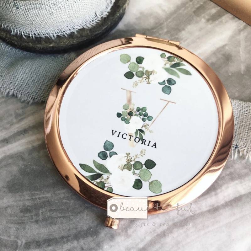 Personalisierter Name Greenery Round Rose Gold Compact Pocket Spiegel Andenken von ByBeautifulgiftshop