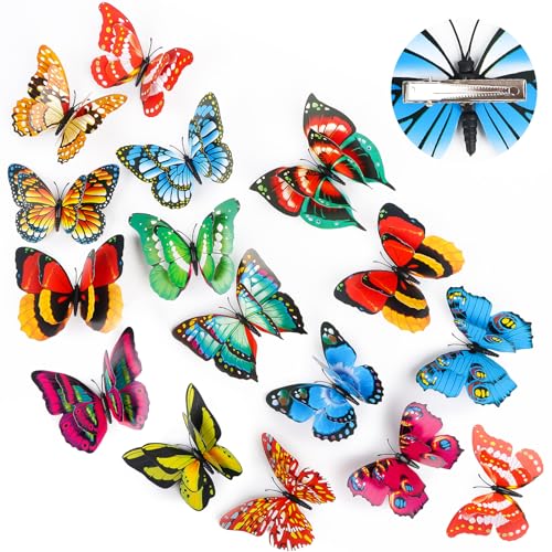 Byffoer 20Stk Schmetterlinge Deko,12CM Schmetterlinge mit Clip,3D Künstliche Colourful Doppeldecker Butterfly Decoration,Bunt Schmetterling zur Zweige für Home Blumentopf Handwerk Dekoration Easter von Byffoer