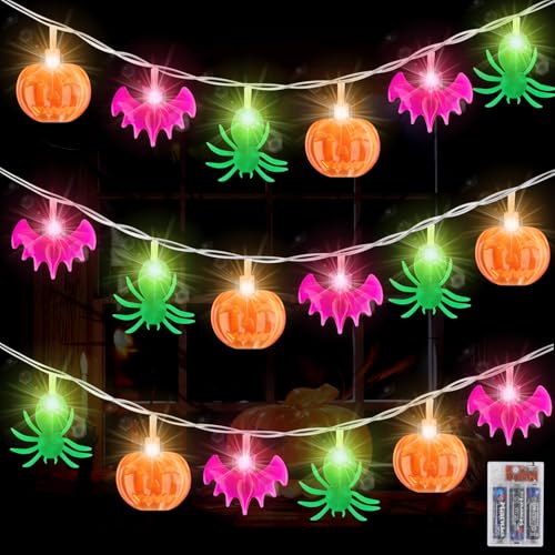 Byffoer Halloween Deko Lichterkette,3M 20LEDs Halloween Lichterkette Halloween Deko Lichter, Orange Kürbisse, Lila Fledermäuse, Spinne Lichterkette für Außen Innen Halloween Garden Deko von Byffoer