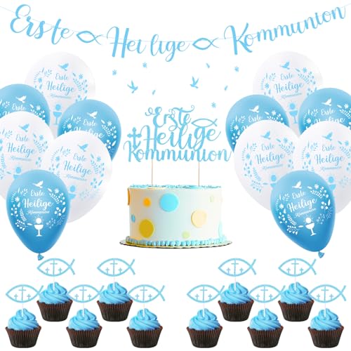 Kommunion Deko,24 Stück Konfirmation Deko Junge Girlande Konfirmation Ballon,Servietten Kommunion Girlande Luftballons Rose Cake Topper Banner Erstkommunion Deko (Blau) von Byffoer