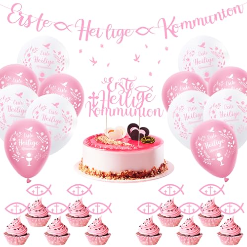 Kommunion Deko,24 Stück Konfirmation Deko Junge Girlande Konfirmation Ballon,Servietten Kommunion Girlande Luftballons Rose Cake Topper Banner Erstkommunion Deko (Rosa) von Byffoer