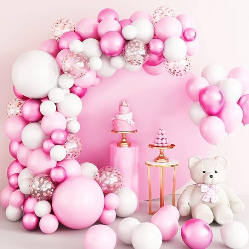 Luftballons Girlande Set,107 Stück Rosa Weiß Luftballon Geburtstag Deko Rosa Balloon Garland Roségold Metallic Latex Ballon Konfetti Ballon für Babyparty, Hochzeitstag, Geburtstagsfeier Dekorationen von Byffoer