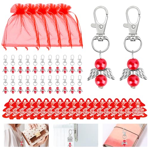 Byffoer Schutzengel Anhänger,24 Stück Schutzengel Gastgeschenk Engel Anhänger mit Engel Anhänger Organza Säckchen Kraftpapier Anhänger für Weihnachten Hochzeit Gastgeschenke Kommunion Geschenke (rot) von Byffoer