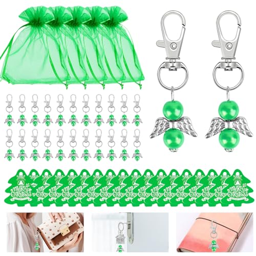 Schutzengel Anhänger,24 Stück Schutzengel Gastgeschenk Engel Anhänger mit Engel Anhänger Organza Säckchen Kraftpapier Anhänger für Weihnachten Hochzeit Gastgeschenke Kommunion Geschenke (Grün) von Byffoer