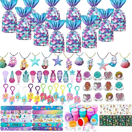 Bymitge 108St Meerjungfrau Party Mitgebsel Kindergeburtstag Mädchen mit Meerjungfrau Schnapparmband Temporäre Tattoos Meerjungfrau Schlüsselanhänger Spiralblock Give Aways Gastgeschenk Kinder Mädchen von Bymitge