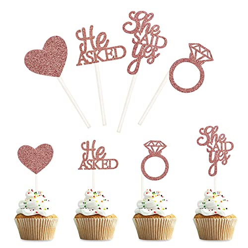 Bymivofun 36 Stück He Asked She Said Yes Cupcake Topper, Diamant Ring Herz Cupcake Topper, für Hochzeit, Verlobung, Brautparty, Junggesellenabschiedsdekoration von Bymivofun