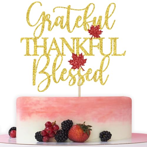 Grateful Thankful Blessed Cake Topper, Happy Thanksgiving Dekorationen, Give Thanks, Friends Giving, Herbst Thanksgiving Herbst Festival Party Dekorationen Gold Glitter von Bytorjar