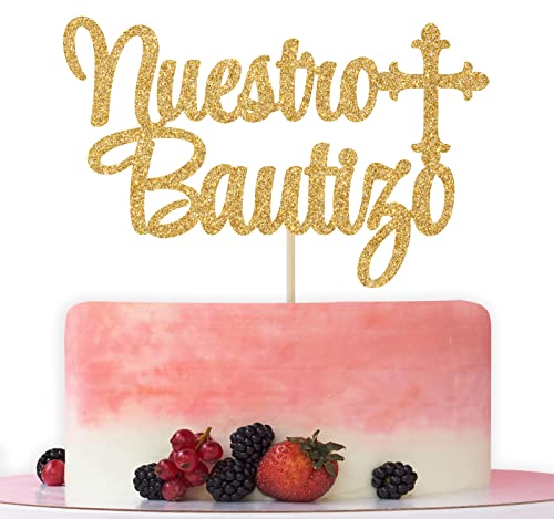 Nuestro Bautizo Tortenaufsatz, Spanische Taufe Kuchen Dekorationen, Erstkommunion, Gott Segen, Babyparty Party Dekorationen Gold Glitzer von Bytorjar