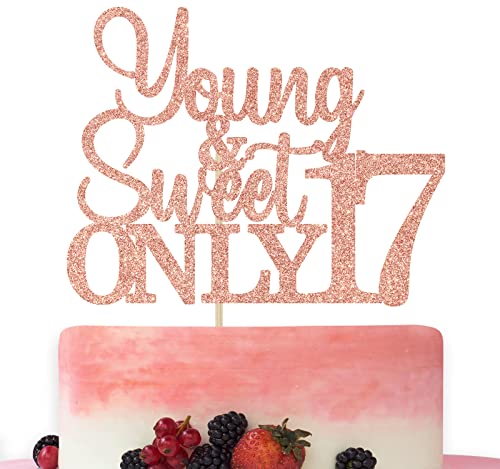 Young and Sweet Only 17 Cake Topper, Happy 17th Birthday Decorations, Cheers to 17 Years Old Birthday Party Decorations Rose Gold Glitter von Bytorjar