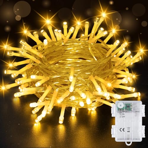 Bzavor 1 Stück Lichterkette Außen, 10M 100 LED Lichterkette Außen Timer 6h, IP65 Wasserdicht Lichterkette Innen Batterie, Lichterkette Weihnachten,Fairy Lights, String Lights für Zimmer Party Hochzeit von Bzavor