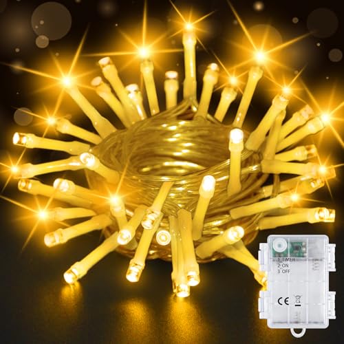 Bzavor 1 Stück Lichterkette Außen Batterie, 5M 20 LED Lichterkette mit Timer 6h, IP65 Wasserdicht LED Lichterkette mit Batterie, Lichterkette Weihnachtsbaum innen Batterie für Weihnachtsdekorationen von Bzavor