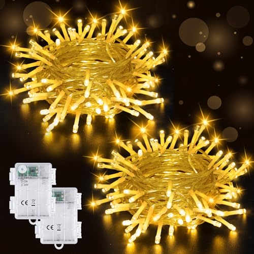 Bzavor 2 Stück Lichterkette Außen, 10M 100 LED Lichterkette Außen Timer 6h, IP65 Wasserdicht Lichterkette Innen Batterie, Lichterkette Weihnachten,Fairy Lights, String Lights für Zimmer Party Hochzeit von Bzavor