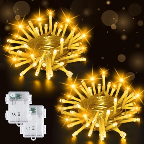 Bzavor 2 Stück Lichterkette Außen Batterie, 5M 20 LED Lichterkette mit Timer 6h, IP65 Wasserdicht LED Lichterkette mit Batterie, Lichterkette Weihnachtsbaum innen Batterie für Weihnachtsdekorationen von Bzavor