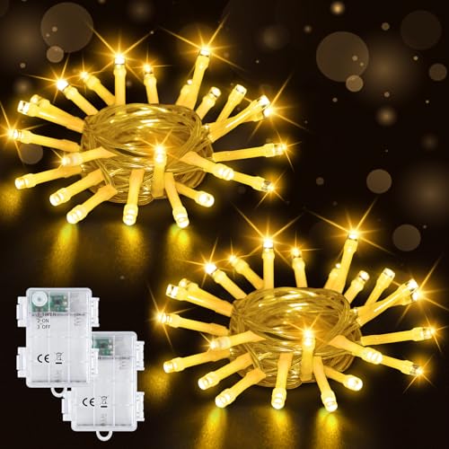 Bzavor 2 Stück Lichterkette Outdoor Batterie,2M 20 LED Lichterkette mit Batterie,Lichterkette Außen Batterie Timer 6h,IP65 Wasserdicht Weihnachtsbaum Lichterkette für Deko Weihnachten Halloween Herbst von Bzavor