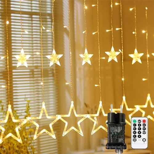 LED Lichterkette Lichtervorhang 2.5M 12 Sternen 138 LEDs Weihnachtsdeko Sternenvorhang Strom, Timer, Fernbedienung 8 Modi Für Innen Außen, Weihnachten Party, Garten, Balkon, Fenster, Zimmer Warmweiß von Bzavor