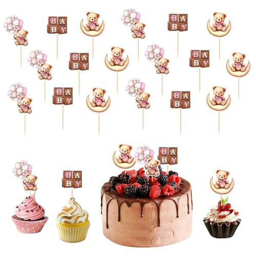 Bzzerumy 24 Stück Babyparty-Bärchen-Cupcake-Topper, Auswahl an Babybären-Thema, Babyparty-Dekorationszubehör, Dschungeltier-Thema von Bzzerumy