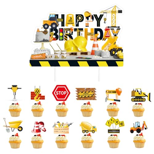 Bzzerumy Bagger Muffin Deko LKW Tortendeko 13 Stück Kuchen Deko Auto Cake Topper Cupcake Topper für Kinder, Mädchen, Jungen Geburtstagskuchendekoration von Bzzerumy