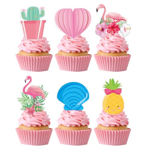 Bzzerumy Happy Birthday Tortendeko, 24 Stück Hawaii Flamingo Cupcake Topper, Tortendeko für Geburtstag, Kuchendekoration für Kinder und Erwachsene, Happy Birthday Deko von Bzzerumy