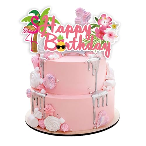 Bzzerumy Happy Birthday Tortendeko, Hawaii Flamingo Cake Topper, Große Tortendeko für Geburtstag, Geeignet für Kinder und Erwachsene, Happy Birthday Deko, Kuchendekoration von Bzzerumy