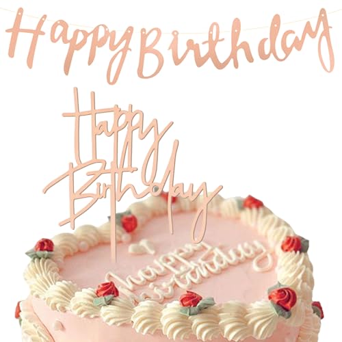 Bzzerumy Happy Birthday Tortendeko - Rosegold Geburtstags-Torten-Deko - Kuchen-Topper Für Kinder & Erwachsene - 1x Rosegold-Geburtstags-Banner von Bzzerumy