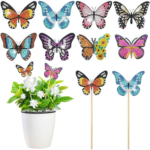 Bzzerumy Schmetterling Diamant Malerei Kits, 8teiliges DIY Gartendekoration-Set für Kinder ab 6 Jahre, Perlen Bastelanleitung, Schöne Schmetterlings-Pflanzentaschen-Stangen von Bzzerumy