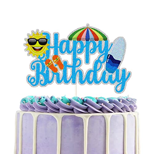 Beach Theme Happy Birthday Cake Topper,Swimming Pool Cake Decorations,Tropical Beach Umbrella/Sunshine Cake Decor,Hawaiian Birthday Party Supplies von C/A