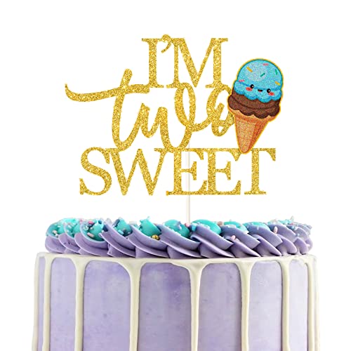 I'm Two Sweet Cake Topper Gold Glitter Geburtstag Dekoration für 2. Mädchen Sommer Baby Geschlecht Reveal Cake Topper Dessert Thema Geburtstag Party Eis Cream Schild Kuchen Zubehör Dekor von C/A