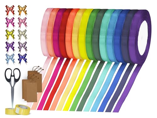 Geschenkband [XXL Set inkl. Schleifen Geschenkanhänger] Satinband 14 Farben 10mmx22m Schleifenband Geschenkverpackung Deko Basteln Hochzeit Seidenband von C & S YOUR FAVORITE