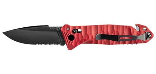 TB Outdoor-Messer CAC® – Französisches Armee-Messer – Überlebens- und Outdoor-Korrosionsschutzklinge mit Krimpen, Griff PA6 FV, Rot, Nutzklinge 85 mm von C.A.C