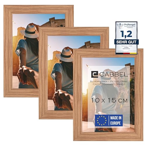 CABBEL (3er Set Bilderrahmen 10x15 cm, Eiche, stabiles MDF-Holz Rahmen, bruchsicherem Plexi-Glas, zum Aufhängen & Aufstellen, ideal für Fotos/Bilder/Collage von CABBEL