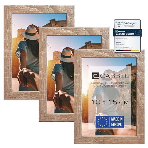 CABBEL (3er Set Bilderrahmen 10x15 cm, Mokka, stabiles MDF-Holz Rahmen, bruchsicherem Plexi-Glas, zum Aufhängen & Aufstellen, ideal für Fotos/Bilder/Collage von CABBEL