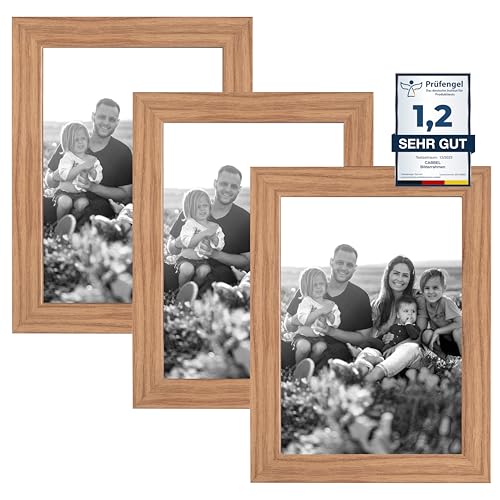 CABBEL Doppelpack (3er Set) 3x Bilderrahmen 18x24 cm, Eiche, stabiles MDF-Holz Rahmen, bruchsicherem Plexi-Glas, zum Aufhängen & Aufstellen, ideal für Fotos/Bilder/Collage von CABBEL