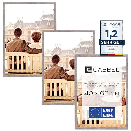 CABBEL Dreierpack (3 Stk.) Bilderrahmen 40x60 cm MDF Holz-Rahmen in Grau (Beton) | mit bruchsicherem Plexi-Glas/Modern, zum Aufhängen, ideal für Fotos/Bilder/Collage von CABBEL
